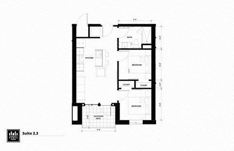 Floor plan for 2 beds, 1 bath, 679 sqft